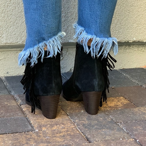 Distressed Black Suede Leather Fringe Ankle Boot - Picture 7 of 8